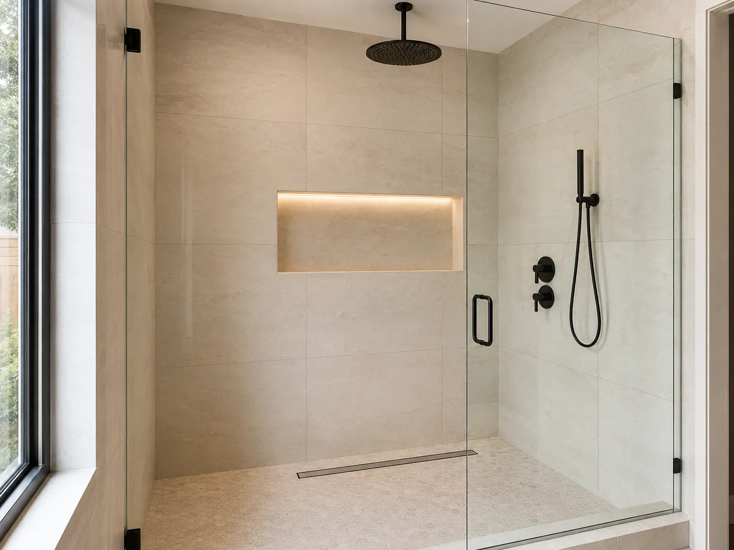 Detailed modern shower renovation with large format tile