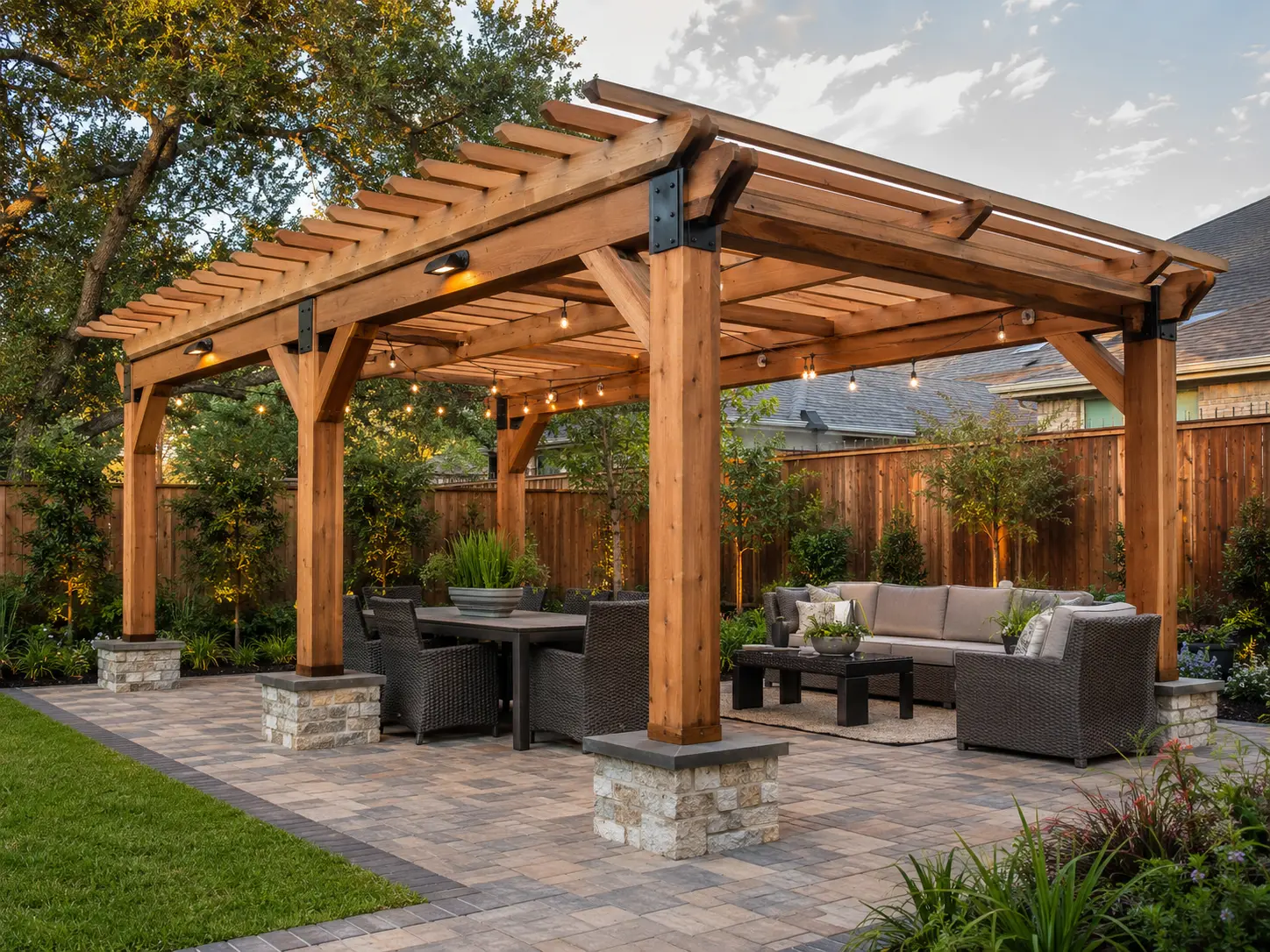 Modern backyard pergola and patio seating area